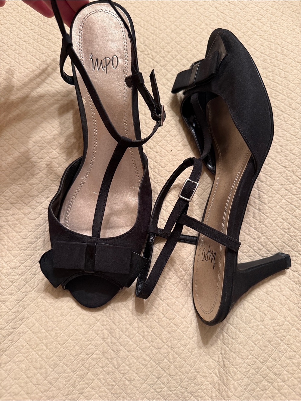 Impo Laverne Black Peep-Toe Bow T-Strap Heels
